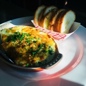 Five cheese spinach and leek dip with crunchy crostini at Lovina restaurant in Calistoga, CA; Napa Valley, Wine Country, Fine dining