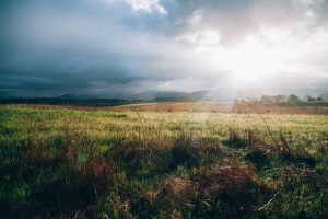 The sun rises over a Napa Valley landscape, showcasing the fields, mountains, and clouds.