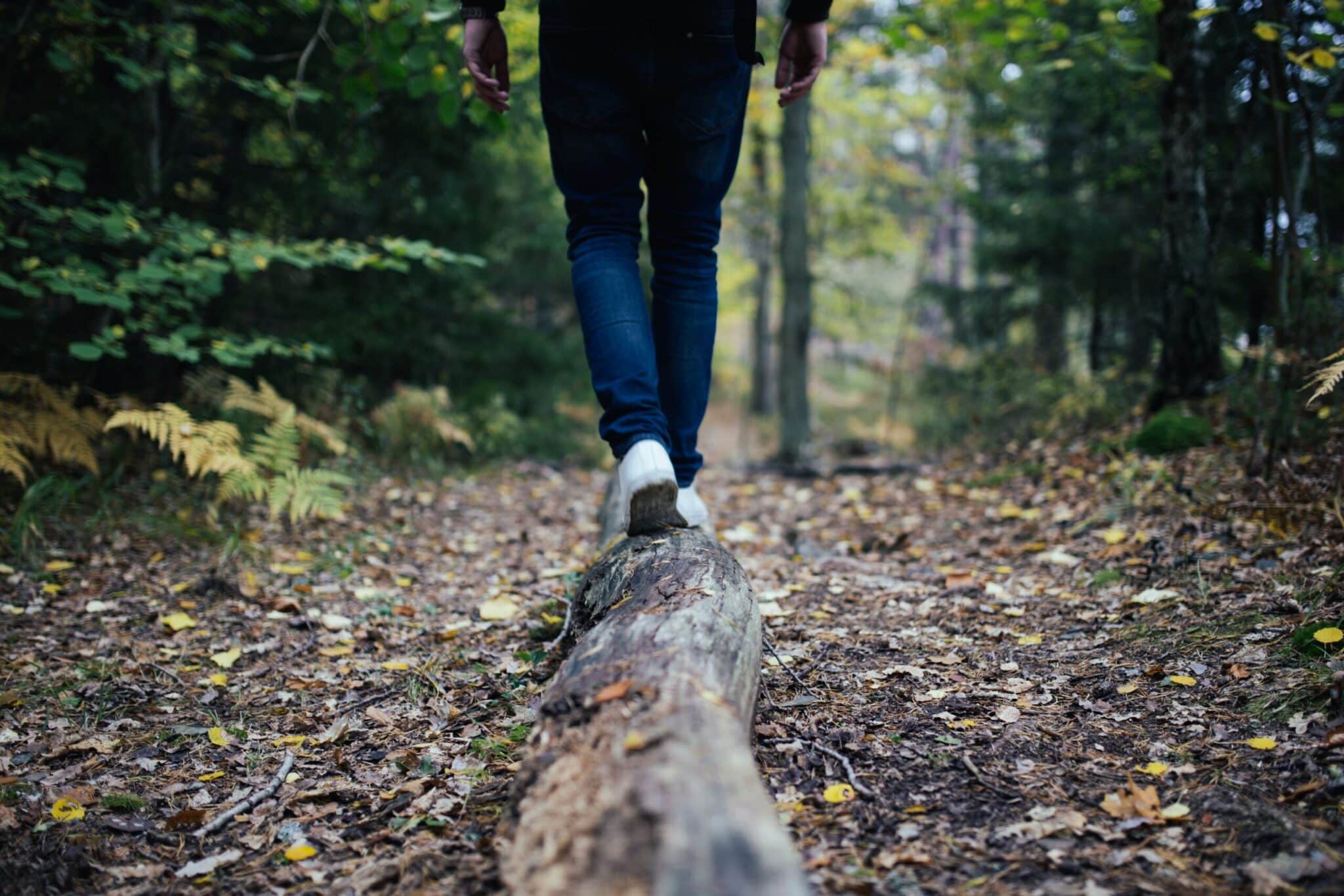 A hiker walking along a fallen log in a green forest.