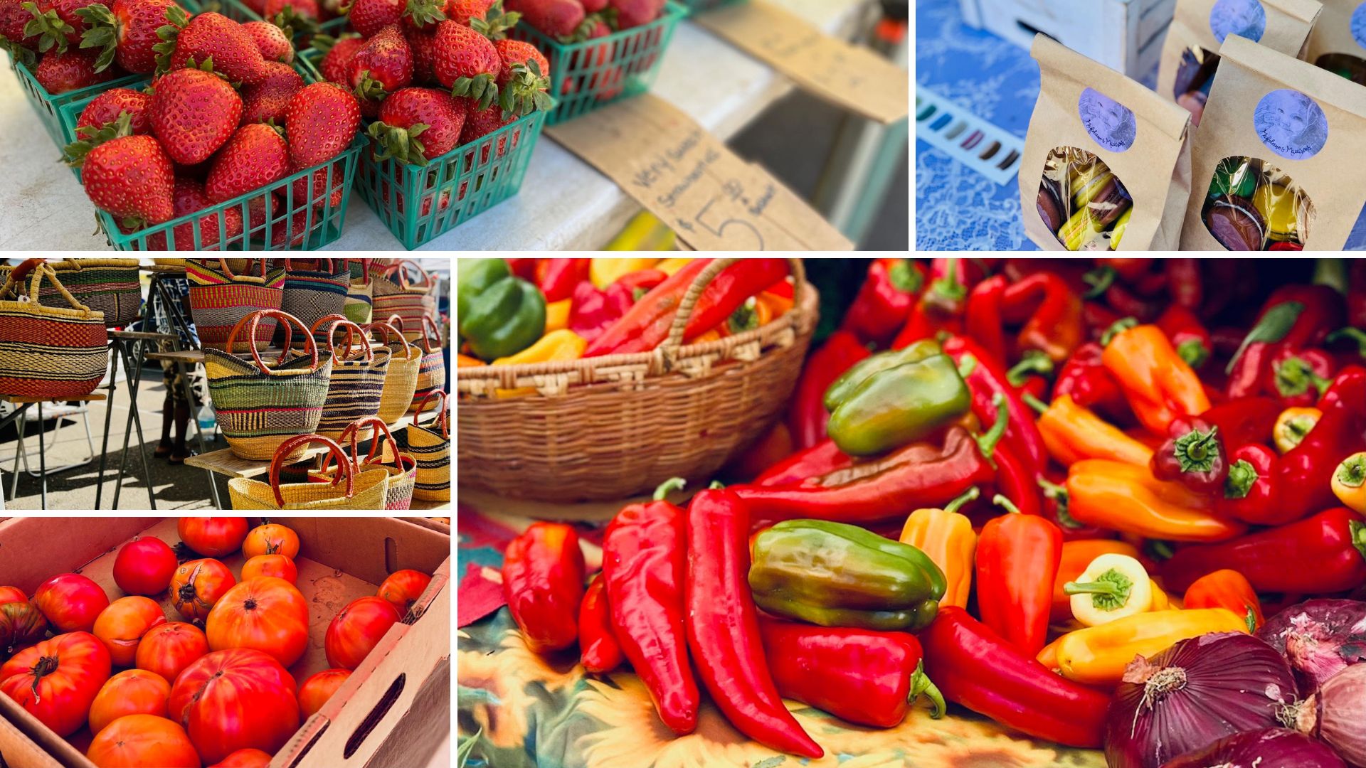 a collage of strawberries, macaroons, baskets, tomatoes, and peppers at the calistoga farmers market