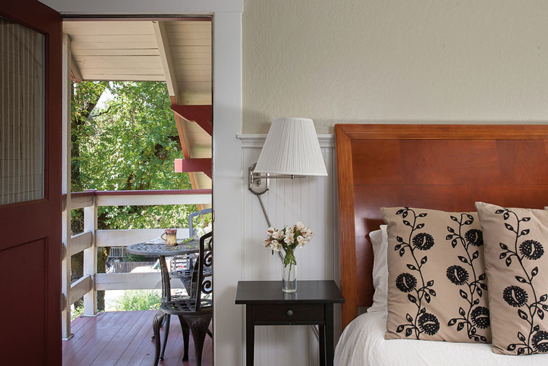 View of outside patio from inside the Diamond Room in the Craftsman Inn in Calistoga, CA; Napa Valley, Wine Country