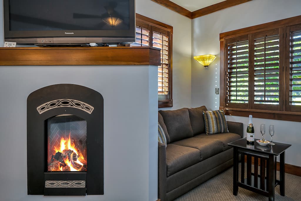 The fireplace and sitting area in the Lokoya Room at our Calistoga bed and breakfast
