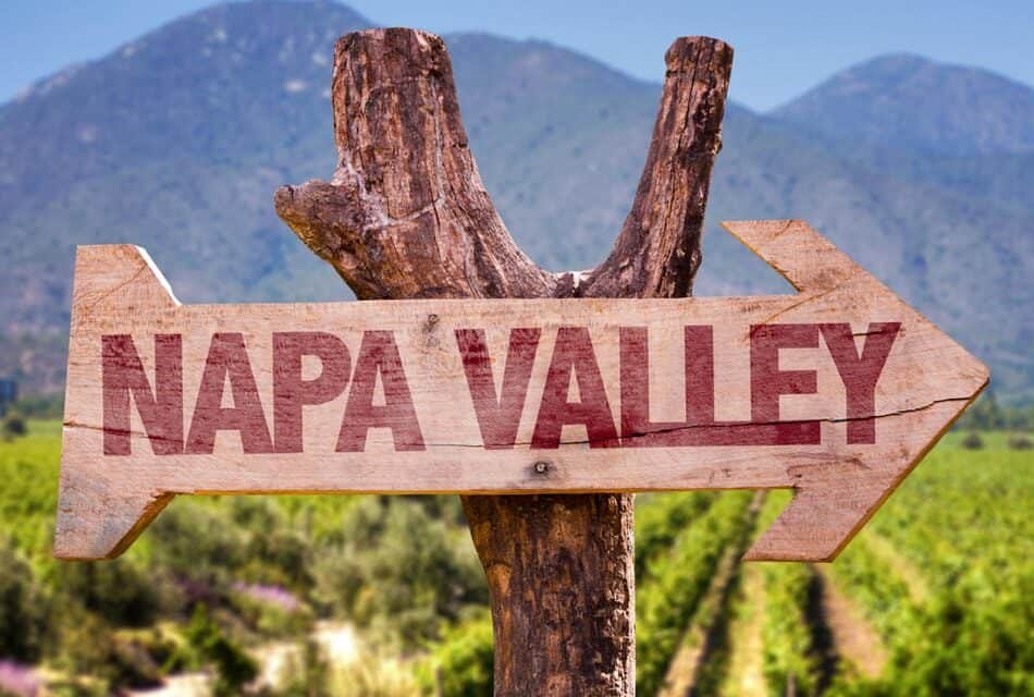 Close up of a sign that says Napa Valley with a vineyard in the background