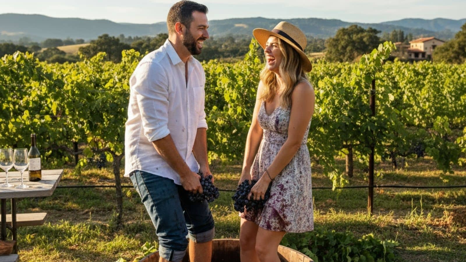 A couple stomping grapes in wooden barrels at a winery in Napa Valley