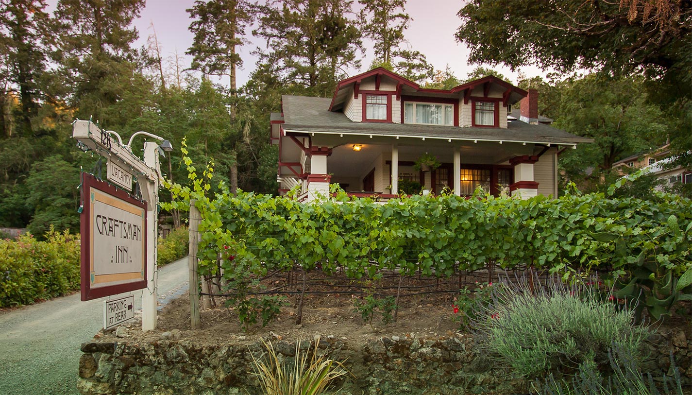 Outside front of the Craftsman Inn in Calistoga, CA, located in the Wine Country in Napa Valley