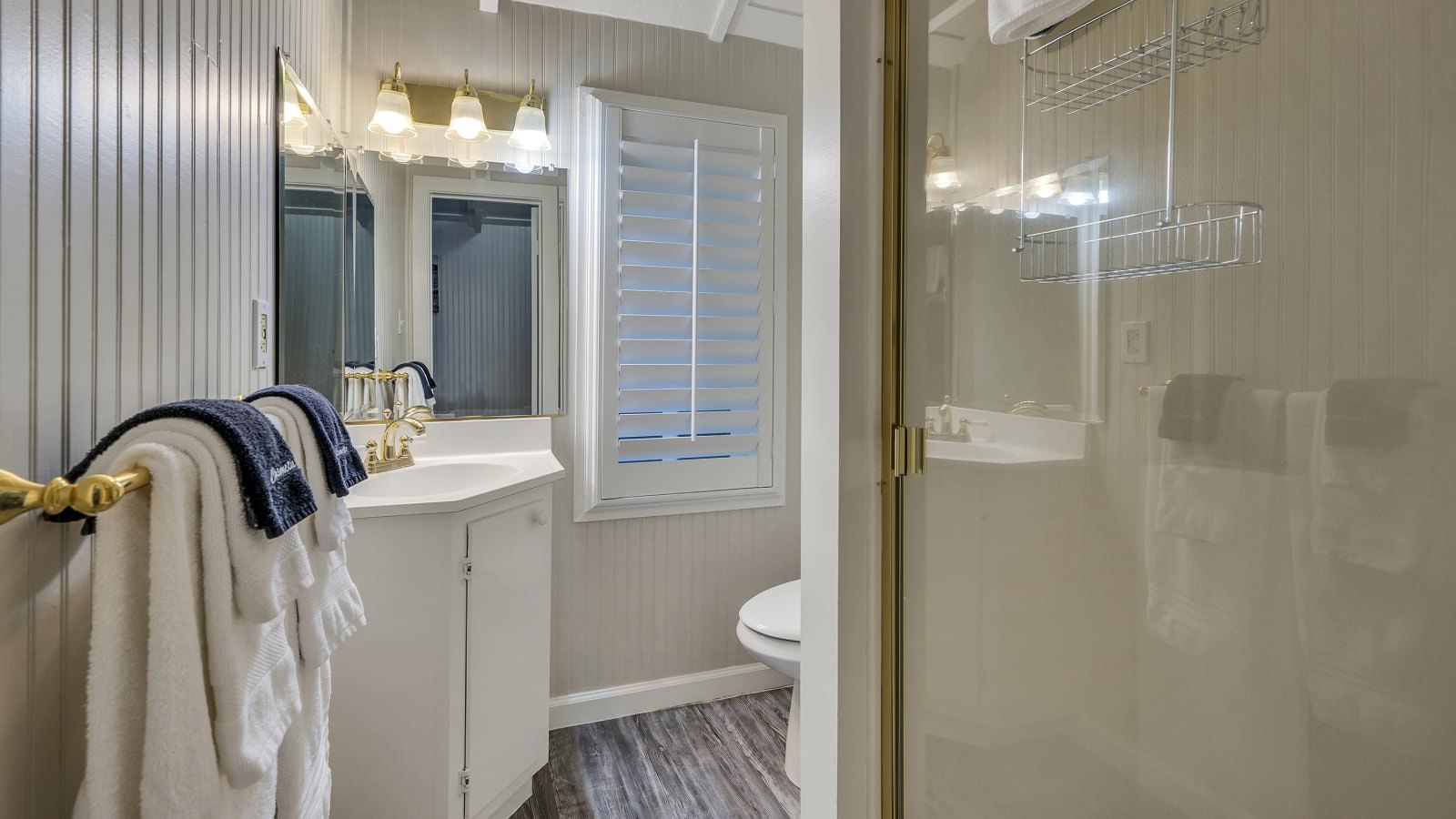 Bathroom with light gray walls, stand up shower, white toilet, and white vanity