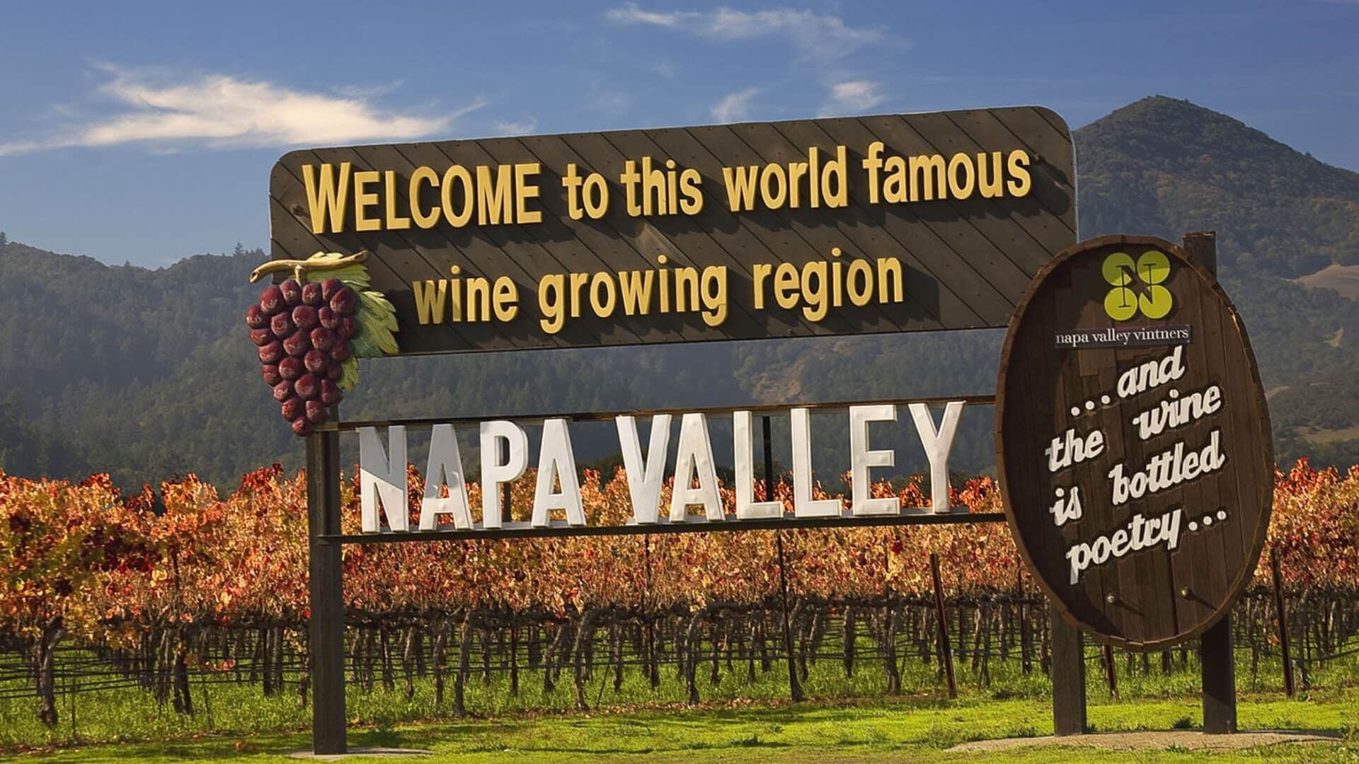 Large sign welcoming people to Napa Valley in front of multiple grape vines with yellow, orange and red leaves