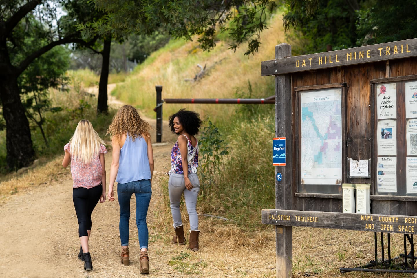 A group of friends hiking the Oat Hill Mine Trail, one of the best things to do in Napa Valley in the spring