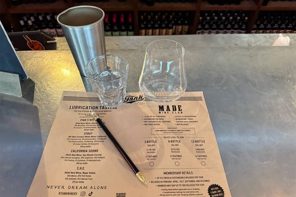 Place set up for Wine Tasting at Tank