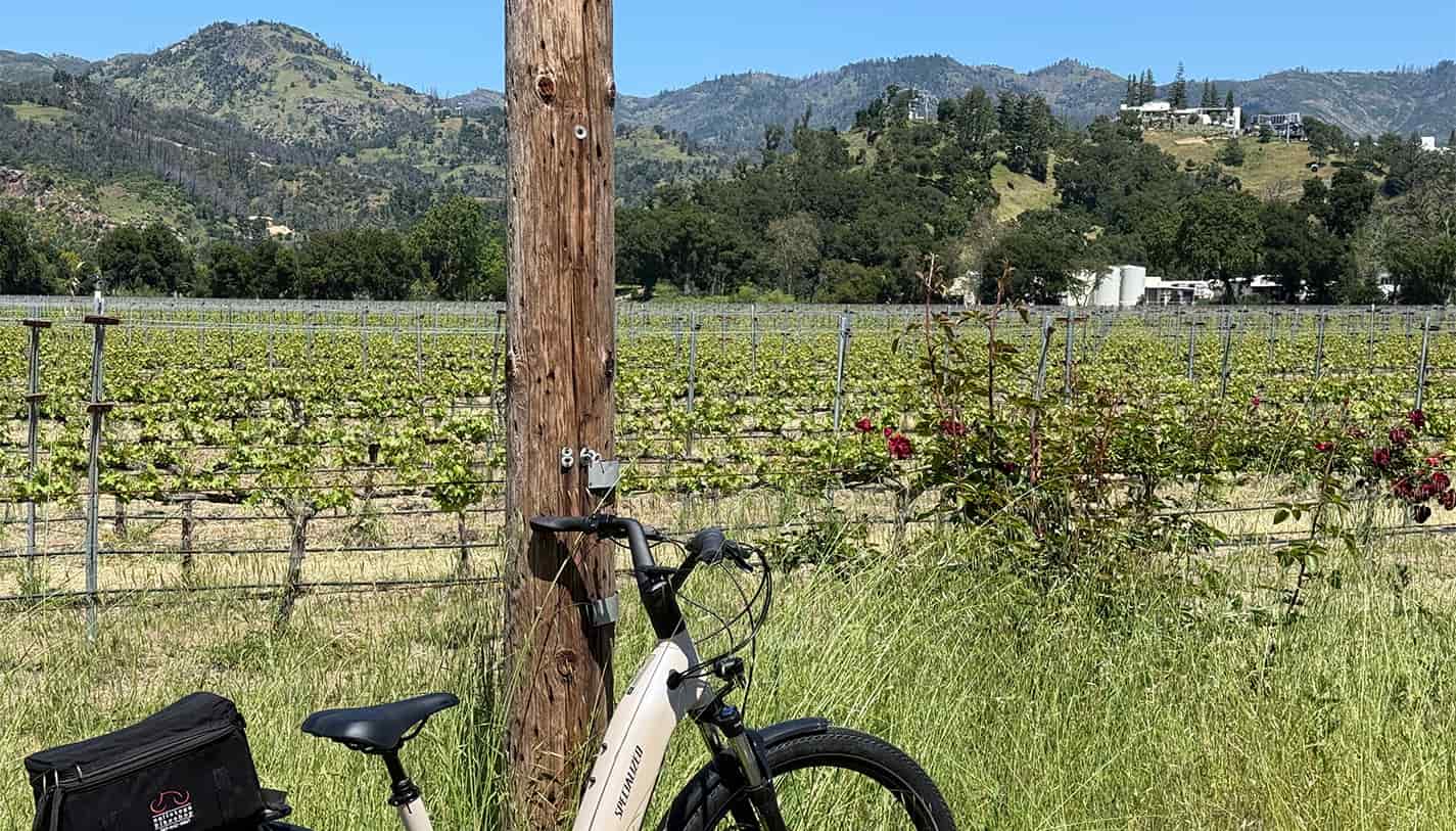 A bike leaning against a post at a vineyard along the Napa Valley Vine Trail