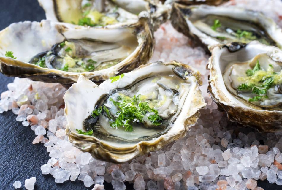 Close up view of oysters on top of large salt crystals